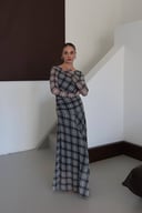 Plaid Print Tulle Maxi Dress with Draping