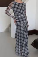Plaid Print Tulle Maxi Dress with Draping