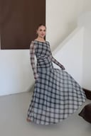 Plaid Print Tulle Maxi Dress with Draping